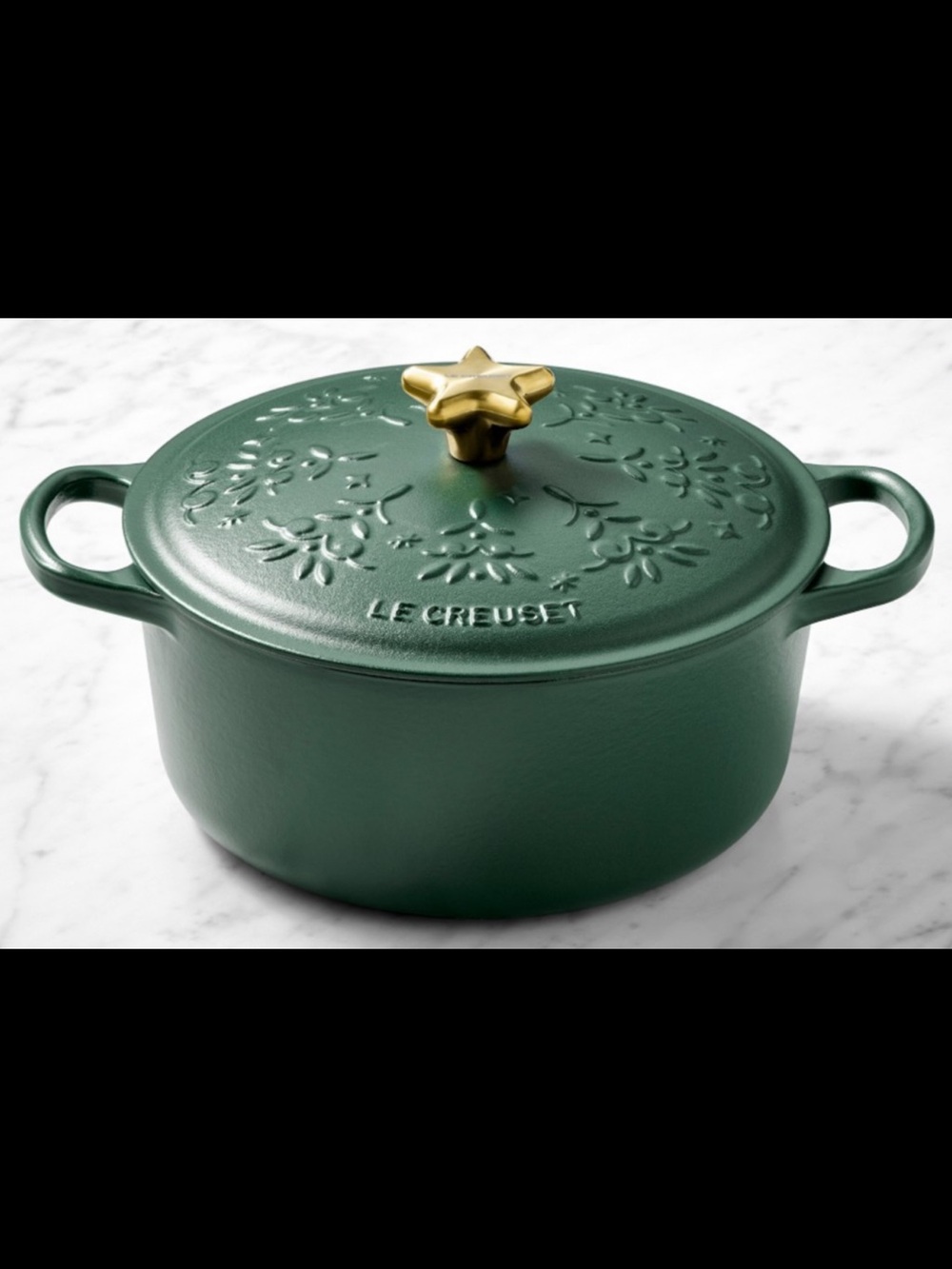 ~Le mCreuset*NEW*Noel*Foret Green Cast Iron Dutch Oven w Gold Star Knob